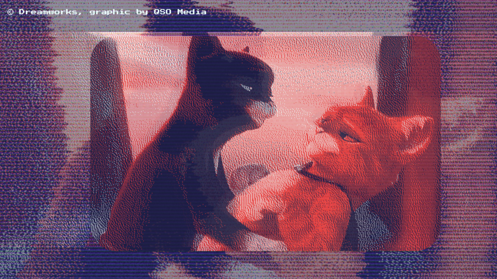 Kitty Softpaws and Puss in Boots in Puss in Boots: The Last Wish, with Kitty putting Puss into a dip-kiss. The image is glitched in red and blue like a TV screen.