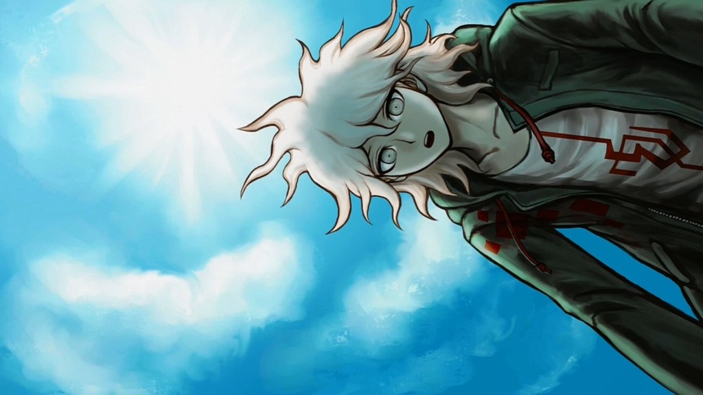 Komaeda Nagito in the opening of Danganronpa 2 leaning over with the sun behind him.