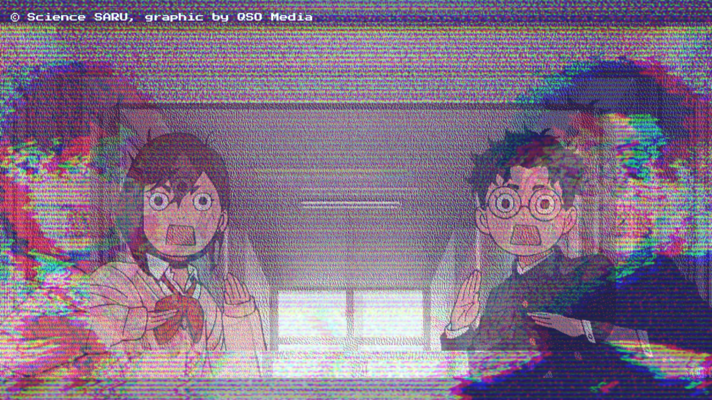 Momo Ayase and Ken Takakura (Or Okarun) looking shocked in a chibi style in Dandadan. The picture looks warped and rainbow-coloured in its glitches. They're stood in a school hallway.