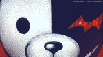 A dithered red, white, and blue image of Monokuma looking close at the camera with a fisheye lens.