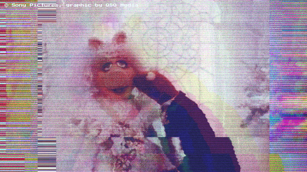 Kermit the Frog and Miss Piggy sharing a kiss on their wedding day in Muppets Take Manhattan. The image is a pastel rainbow colour scheme and looks incredibly warped and distorted like it's playing on an old television set. Kermit is wearing a suit and Miss Piggy is dressed as a bride.