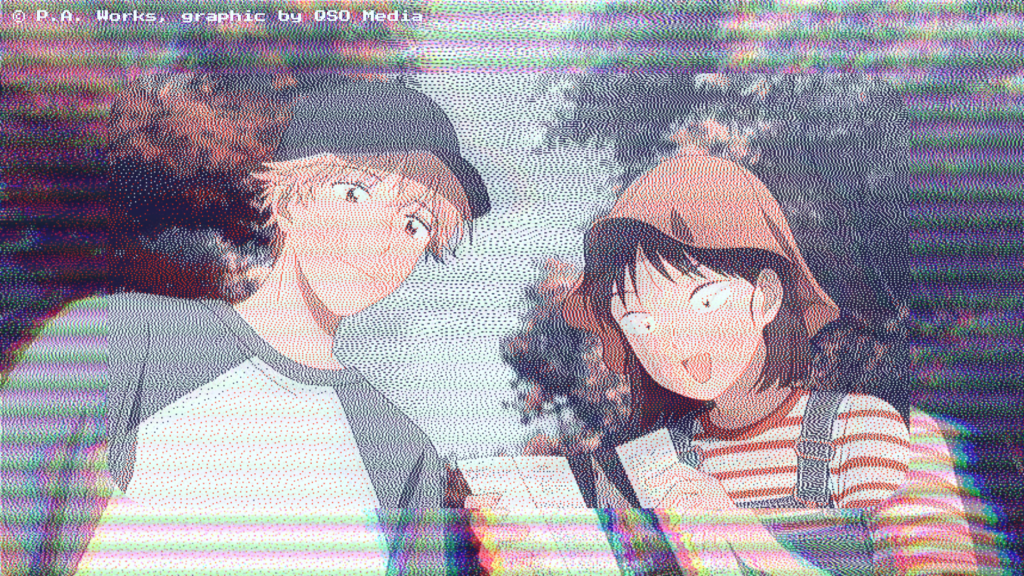 Mitsumi Iwakura and Shima Sosuke from Skip to Loafer looking at a map together at the zoo, wearing casual summer clothes. The image is glitched like an old CRT screen.