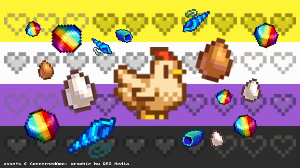 A non-binary pride flag covered in Stardew Valley assets, including a chicken, mermaid pendant, hearts, eggs, and rainbow shells.