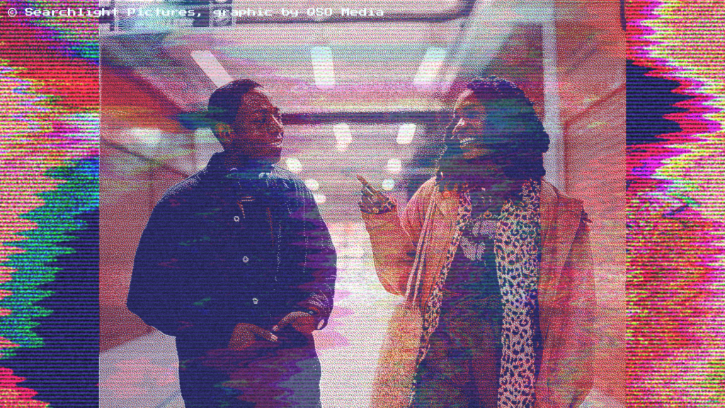 Yas (Vivian Oparah) and Dom (David Jonsson) walking through an indoor market talking to each other in Rye Lane. The image is glitched and warped showing scanlines and rainbow colours.