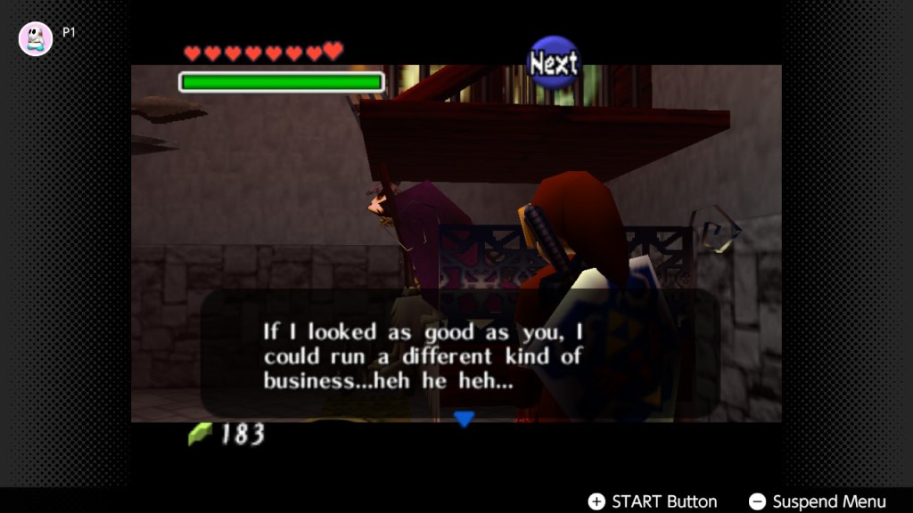 A mage in Hyrule town turning to Link to say if I looked as good as you, I could run a different kind of business.. heh he heh... while sat on a platform with a shelf of potions and brews above him. It's on the Nintendo Classics service.