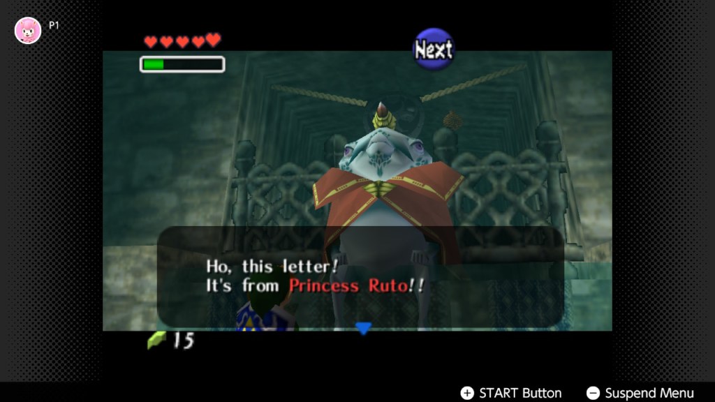 King Zora looking at Link pensively from atop a ledge in Zora's domain. He's saying Ho, this letter! It's from Princess Ruto!
