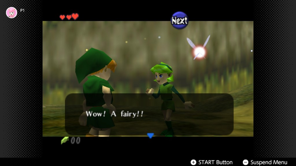 Saria running towards young Link in the Lost Woods saying Wow, a fairy!!