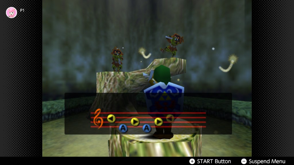 Two skullkids dancing on a tree in the lost woods with a young link playing his ocarina in front of them.