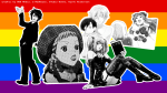 A rainbow pride flag with dithered stickers of Itsuki Koizumi, Misato, Misa Amane, Tamaki Suoh, Haruhi Fujioka, Renge, and Umehito Nekozawa.