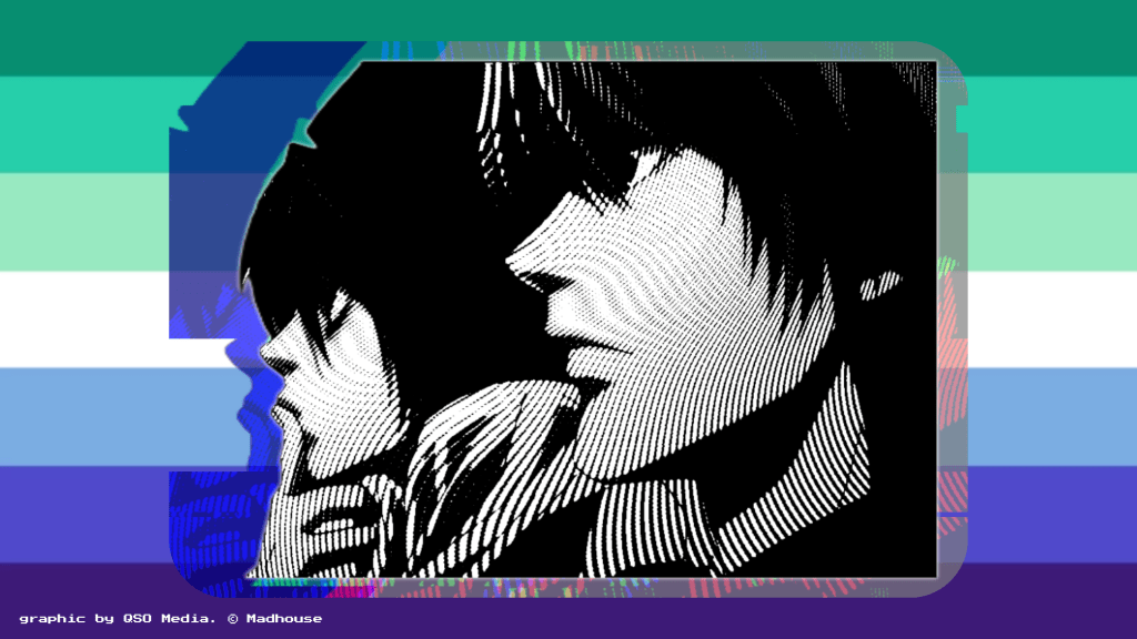 Light Yagami and L Lawliet rendered in black and white over a glitched shadow and the blue-green MLM flag.