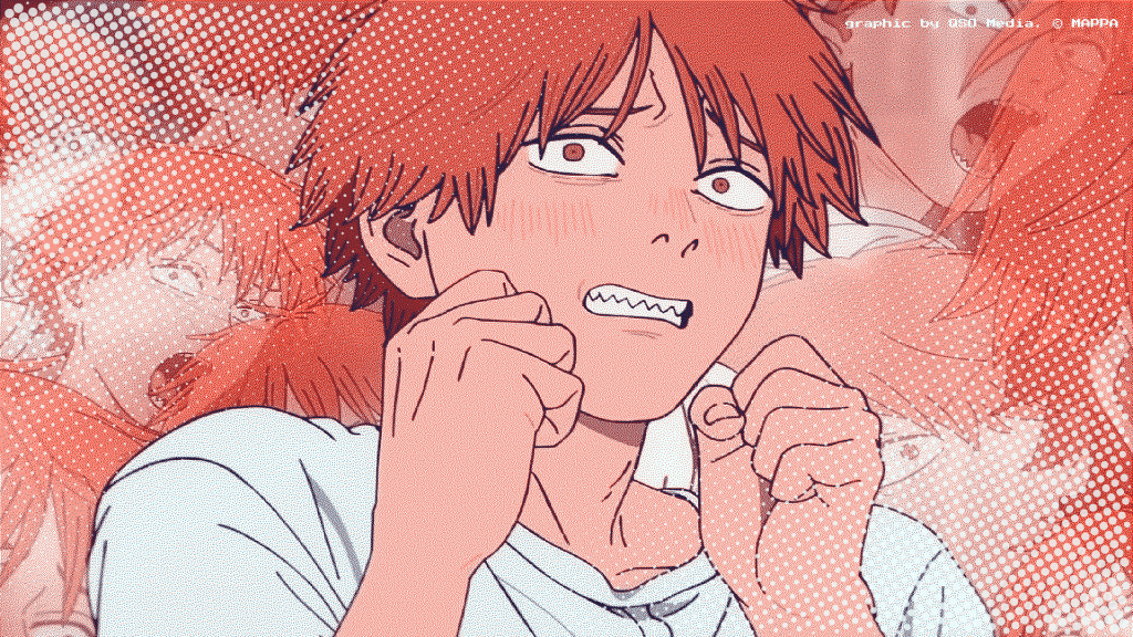 Denji from Chainsaw Man dithered in red, white and blue, looking shocked and embarassed over a montage of him.