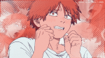 Denji from Chainsaw Man dithered in red, white and blue, looking shocked and embarassed over a montage of him.