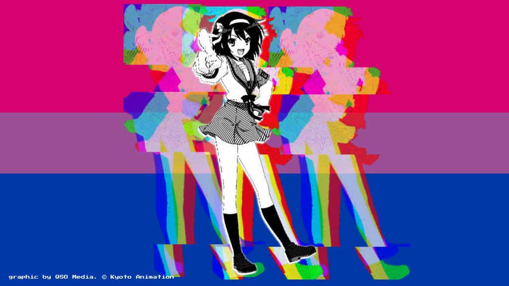 Haruhi Suzumiya as a black and white sticker over a glitched echo and the bisexual flag.