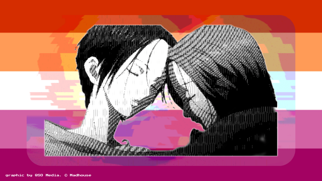 Nana Osaki and Hachi Komatsu laying in bed together, dithered in black and white. The background is a glitch overlay and the lesbian pride flag.