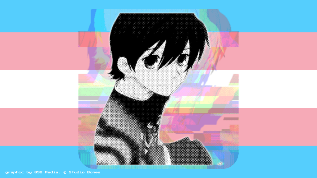 A black and white dithered sticker of Haruhi Fujioka over a glitch on top of the trans flag.
